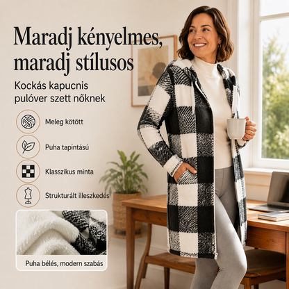 🍂 Klasszikus kockás minta, kényelmes, hosszított fazon | Női cipzáros, kapucnis dzseki
