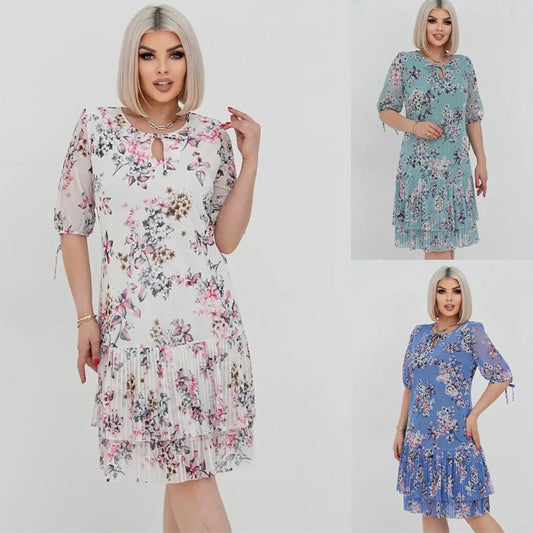 🌹Elegáns sifon hosszú pliszírozott ruha rövid ujjakkal