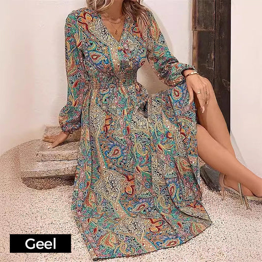 【M-4XL】🌺V-nyakú mintás hosszú ujjú maxi ruha