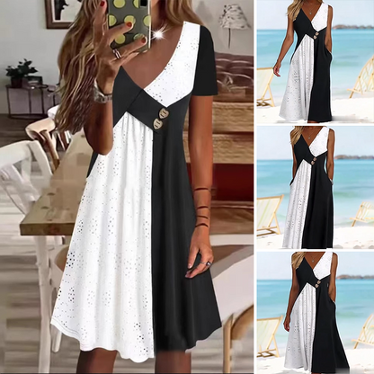 Női elegáns patchwork V-nyakú ruha