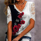 【1+1 ingyen 】👚Csipkés patchwork nyomtatott rövid ujjú felső