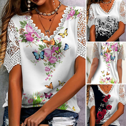 【1+1 ingyen 】👚Csipkés patchwork nyomtatott rövid ujjú felső