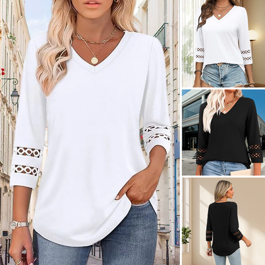 🌿[S-3XL]💖✨Klasszikus, szilárd V-nyakú felső 3/4-es ujjúval – kényelmes és előnyös minden alkalomra
