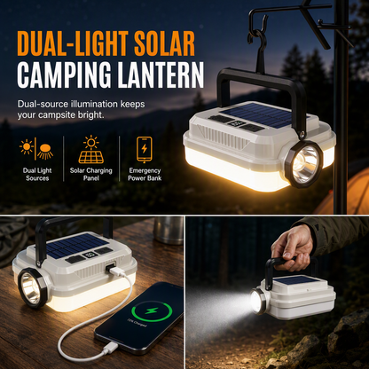 ⛺50% kedvezmény💡Kétfényű napelemes kempinglámpa | Világítsd meg a kempinghelyedet és töltsd fel a telefonodat
