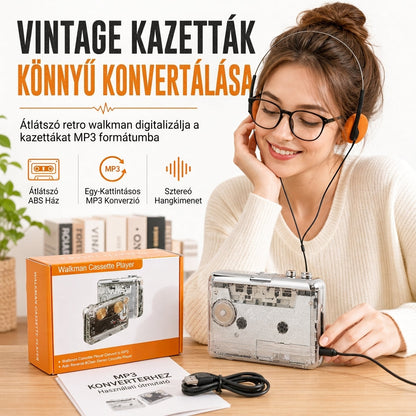 🎧 Átlátszó hordozható kazettalejátszó – Walkman stílus, kazetta–MP3 átalakító, Type-C ✨