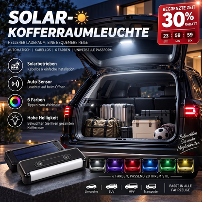 🔆 Napelemes LED-es csomagtérvilágítás autókhoz – automatikus érzékelővel, vezeték nélküli, 6 szín, SUV-okhoz és egyéb járművekhez